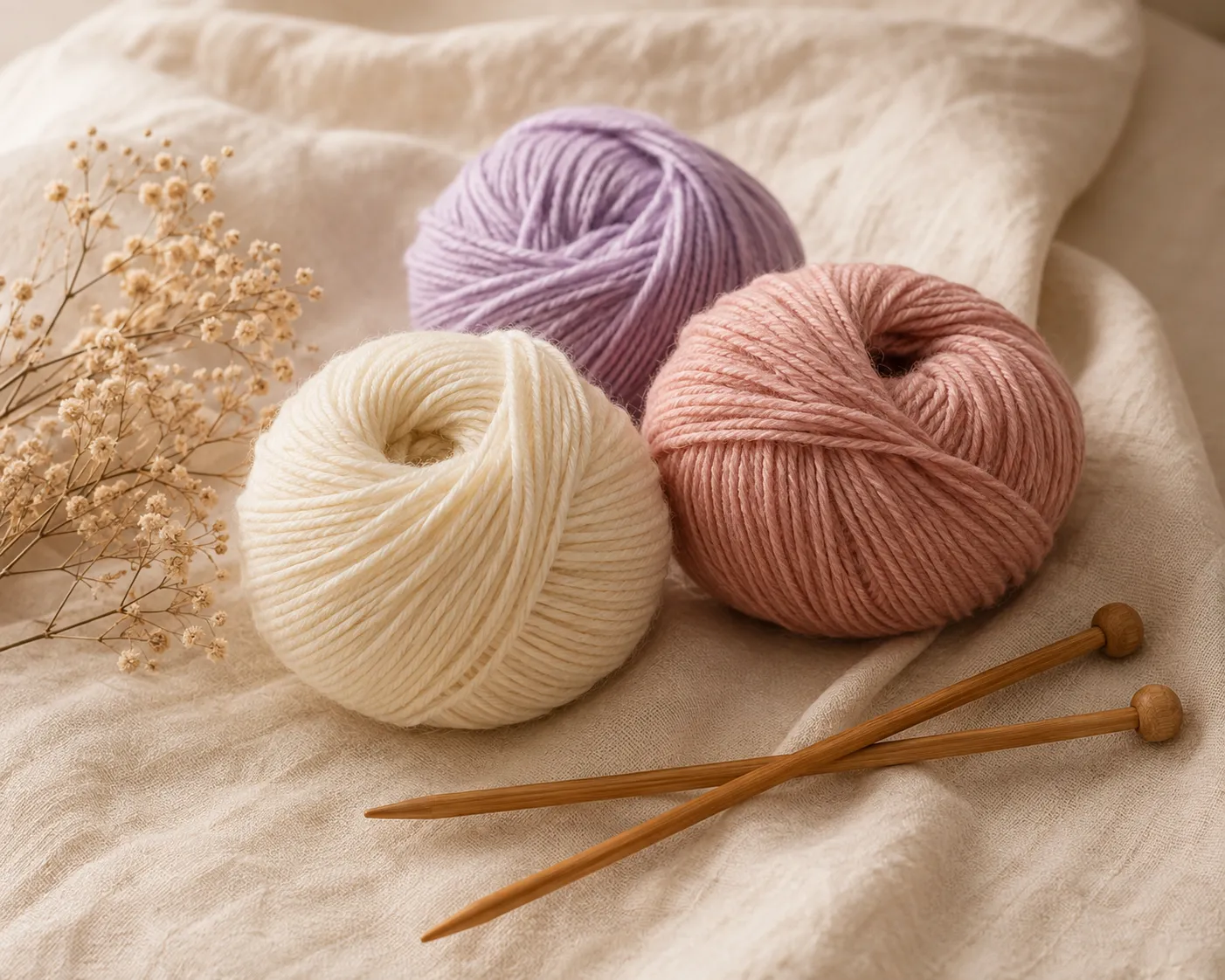 Tre garnnøgler i lilla, creme og rosa