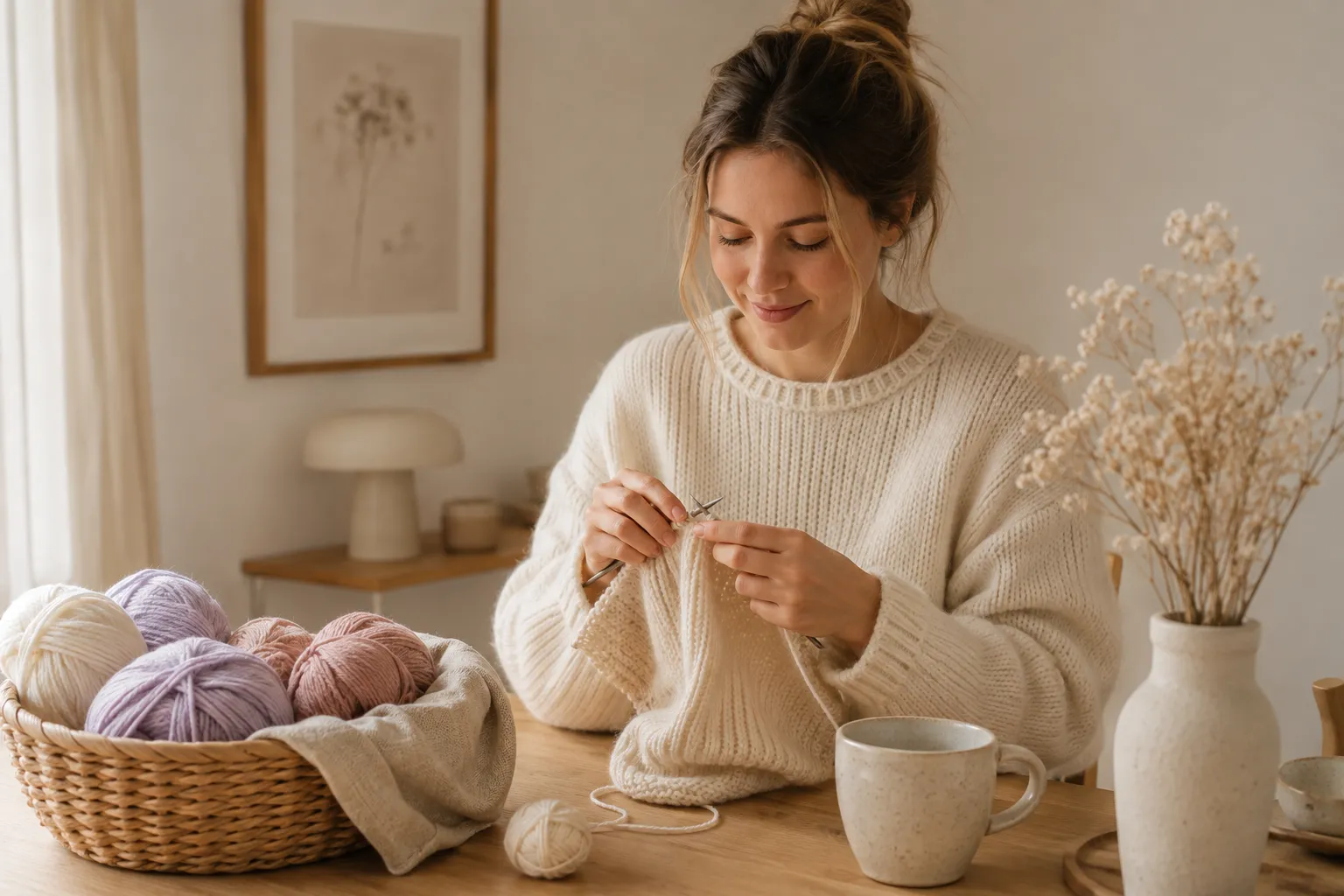 Kvinde i cremefarvet sweater der strikker ved et bord med garn i pastelfarver